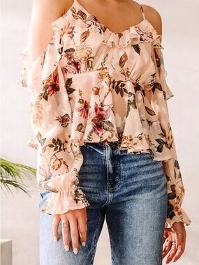 Floral Cold Shoulder Ruffle Peplum V plunge Top in Peach Chiffon. Delicate Boho